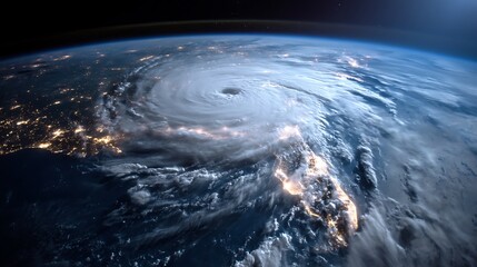 Poster - Aerial satellite view of a powerful hurricane storm swirling clouds over the gulf of mexico at night