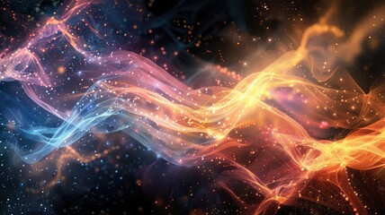 Fototapete - Abstract picture micro light sparkling particle represent data flow vivid flowing wave with high tech background, create digital effect scene perfect for energetic and fantasy wallpaper design. AIG53.
