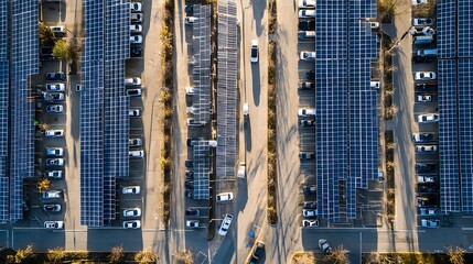 Poster - Aerial view of solar panels over a parking lot sheltering electric cars from sunlight while promoting environmental sustainability