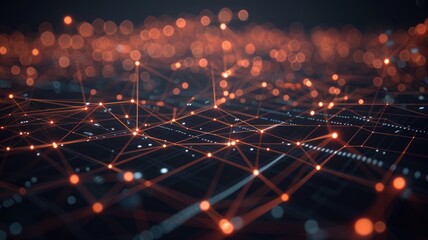 Fototapete - Abstract red and black digital network with glowing nodes and connection. Digital artwork of digital dots connecting together with glowing color.Technology innovation and communication concept. AIG53.