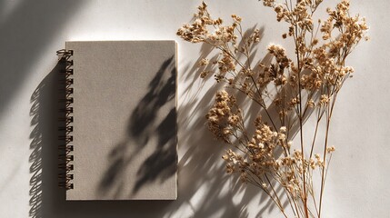 Aufkleber - Aesthetic flat lay of a closed notebook and dried grass on a neutral background in natural light