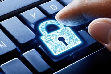 Poster - Close-up of a finger pressing the lock key on a computer keyboard. symbolizing security and privacy. with a softly illuminated background suggesting a digital workspace