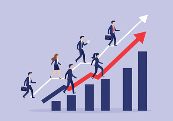 Poster - Business People Walking Up Growth Chart: Vector Illustration