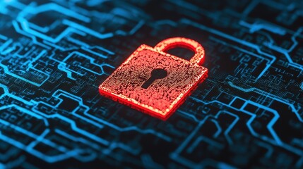 Poster - A glowing red padlock icon sits on a digital circuit board, symbolizing cybersecurity and data protection.