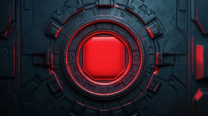 Poster - A futuristic red button embedded in a dark, metallic, high-tech panel, glowing with an intense light at the center.