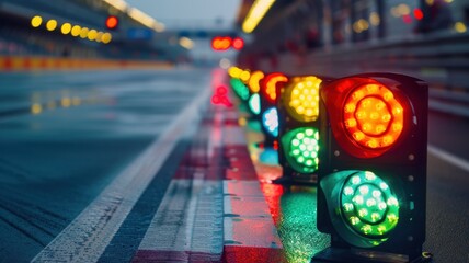 Wall Mural - a captivating close-up view of illuminated lights signaling the start on an empty f1 track, capturin