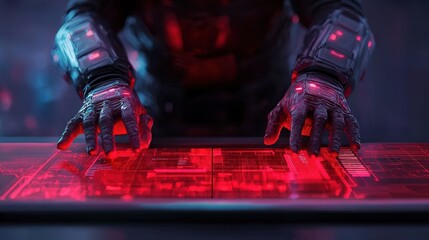 Poster - A person with futuristic gloves interacts with a glowing red digital touchscreen interface in a dark, high-tech environment.