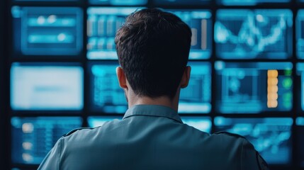 Poster - a person monitors multiple data screens displaying graphs and analytics in a dark control room envir