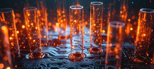 Poster - A futuristic laboratory scene showcasing glowing test tubes suspended above a circuit board. with vibrant sparks and data streams illuminating the high-tech environment