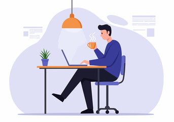 Poster - Man Working From Home With Laptop and Coffee
