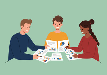 Poster - Diverse Team Analyzing Charts and Graphs Together at Meeting