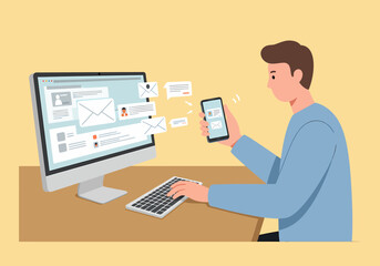 Poster - Man managing communication through computer and cellphone