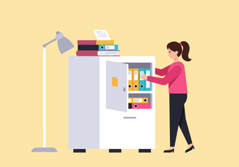 Poster - Woman Organizes Files in a White Office Cabinet