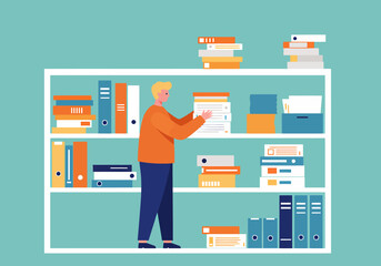 Poster - Man Organizing Documents and Files in Office Shelves Illustration