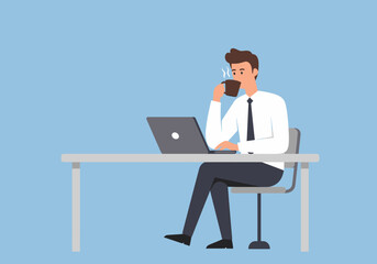 Poster - Office Worker Enjoying Coffee Break At His Desk
