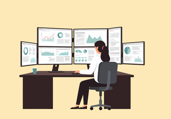 Poster - Woman Analyzing Financial Data on Multiple Computer Screens