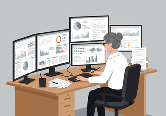 Poster - Woman Analyzing Data with Multiple Monitors in Office Setup