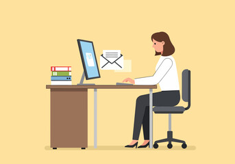 Poster - Businesswoman works on computer at office. sending email.