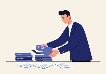 Poster - Man Organizing Business Documents on Desk Workplace Illustration
