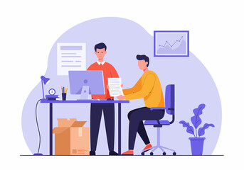 Poster - Two Colleagues Discussing Documents in a Modern Office Setting