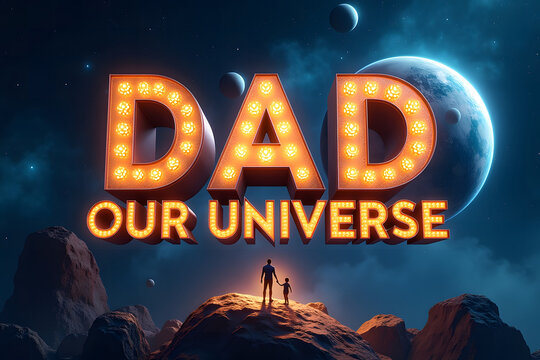 Cosmic-Themed Father’s Day Card, Poster, or Banner with Glowing ‘Dad Our Universe’ Typography