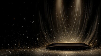 Poster - Black background, golden light and shadow, stage with curtain, podium, sparkling stars