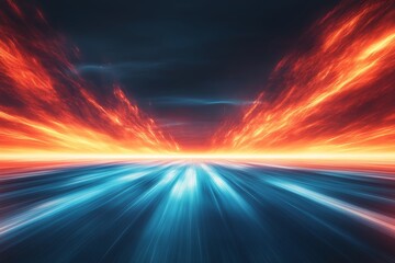 Poster - Abstract Dynamic Energy: Electric Blue and Fiery Orange Streaks on a Dark Road