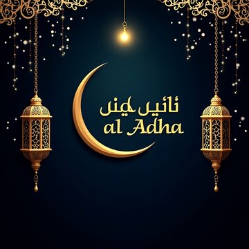 A serene Eid al Adha celebration set against a dark blue background, adorned with a majestic golden 