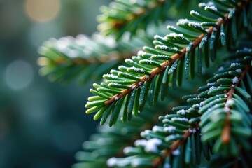 Wall Mural - Close-up of pine needles dusted with sparkling glitter, festive winter texture , wood, gold