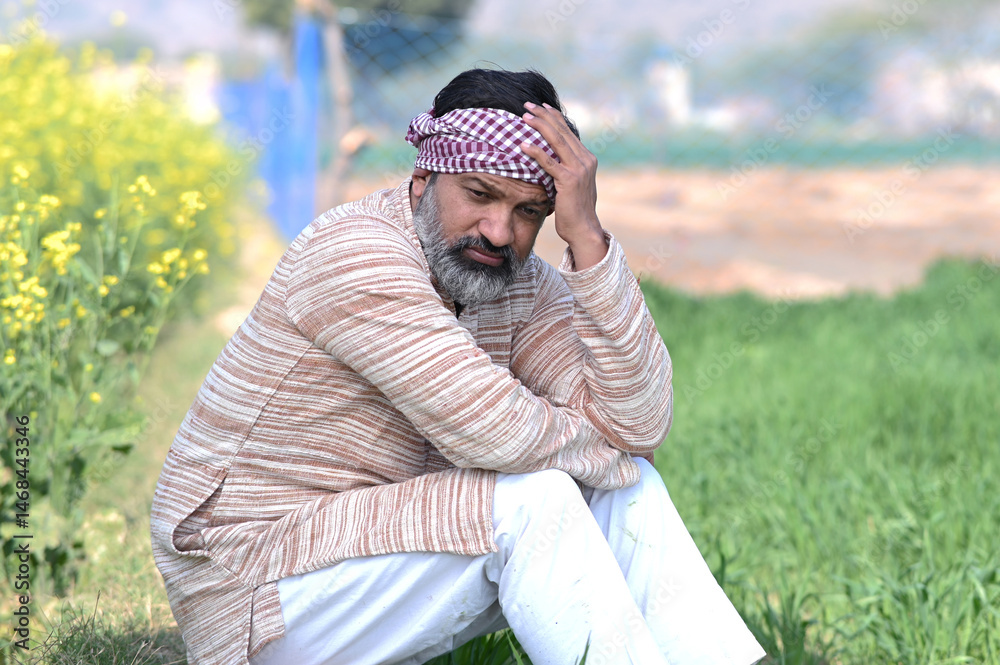 Indian sad and discouraged farmer man sitting in crop farmland and lost ...