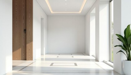 Wall Mural - modern minimalist foyer with white walls and geometric patterned floor, geometric, neutral, white wa