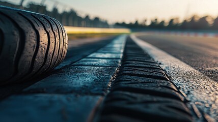 Wall Mural - a close-up shot capturing an empty f1 track with a tire detail. the image emphasizes the asphalt sur