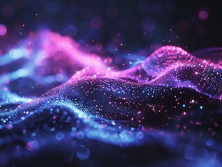 Poster - Abstract Glowing Pink and Blue Particle Waves in Dark Space