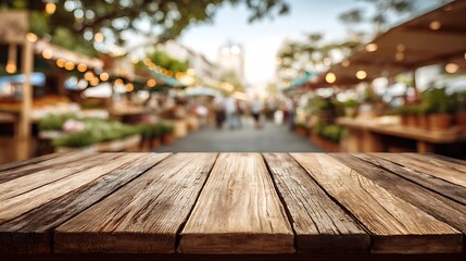 Poster - Blurred outdoor farmers market background with an empty wooden table for product placement