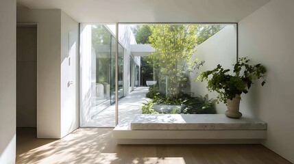 Poster - Bright minimalist interior with a bench and large sliding door leading to a garden area