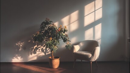 Aufkleber - Bright, minimalistic interior with sunlight casting shadows and decorative plant in a cozy setting