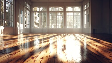 Aufkleber - Bright sunlight streaming through large windows onto polished wooden floor in a spacious room