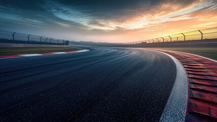 Wall Mural - a stunning panoramic view of an empty f1 track at dawn, showcasing the smooth asphalt curves under a
