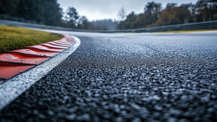 Wall Mural - a close-up view of an empty f1 track, glistening with rain. the wet asphalt and curves create a dram