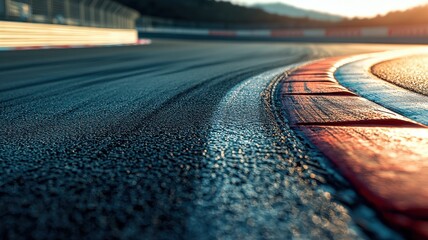 Wall Mural - this close-up shot captures an empty f1 track at sunset, emphasizing the smooth asphalt and dramatic