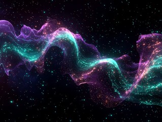 Poster - Abstract Holographic Soundwave: Teal Pink Purple Energy Flowing Through Dark Starry Background