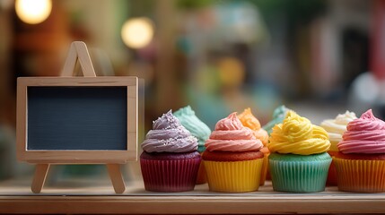 Aufkleber - Colorful cupcakes displayed with blank mockup template sign in bakery window