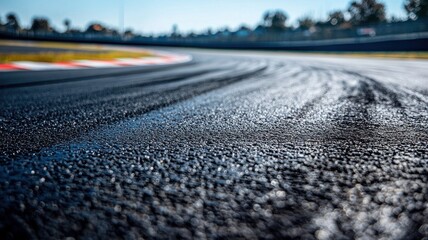Wall Mural - close-up view of an empty f1 track exit featuring a smooth asphalt surface, clear lines, and winding