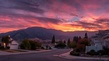 Aufkleber - Colorful sunset over a quiet suburban neighborhood with homes and mountains in the background