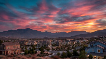 Poster - Colorful sunset over a quiet suburban neighborhood with homes and mountains in the background