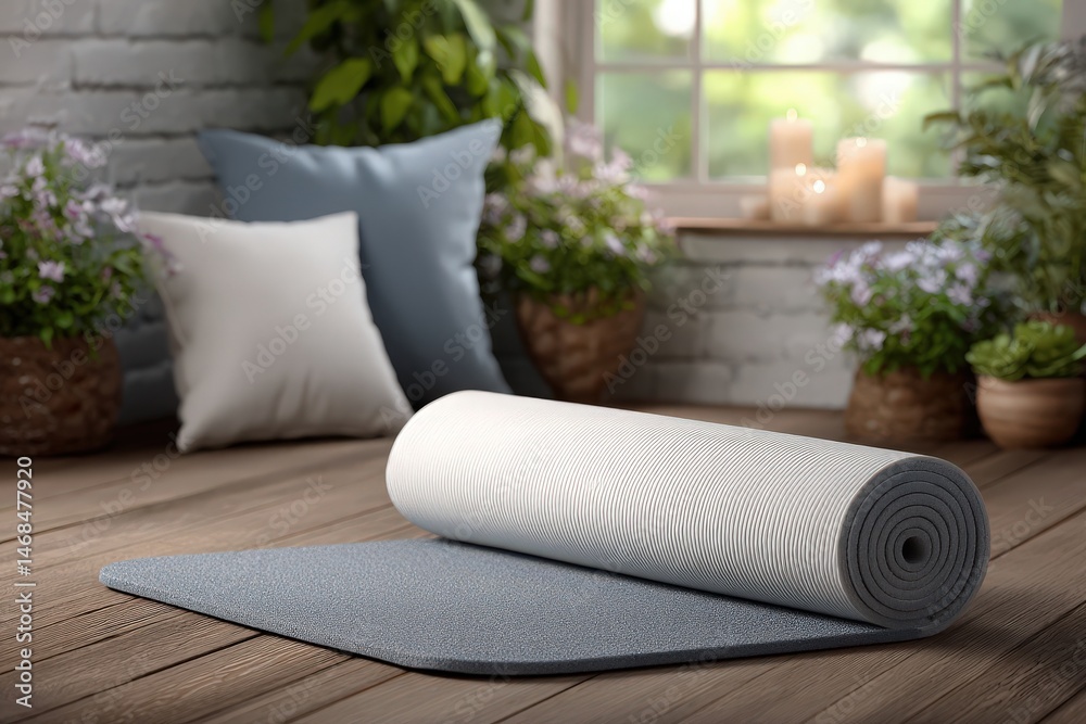A yoga mat is rolled out on a wooden floor in a calm indoor space. Soft pillows are arranged nearby, and plants add a touch of nature. Soft candlelight enhances the peaceful ambiance.