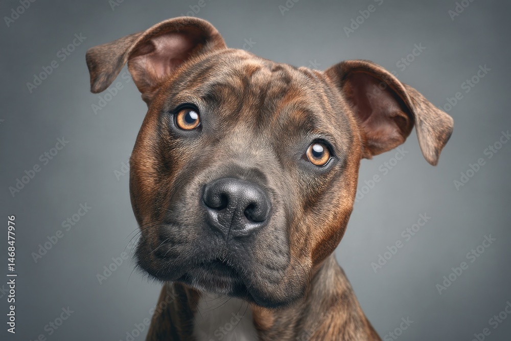A brown dog with unique markings and expressive eyes stands still, gazing directly at the viewer. The setting features neutral tones that enhance the dogs features.