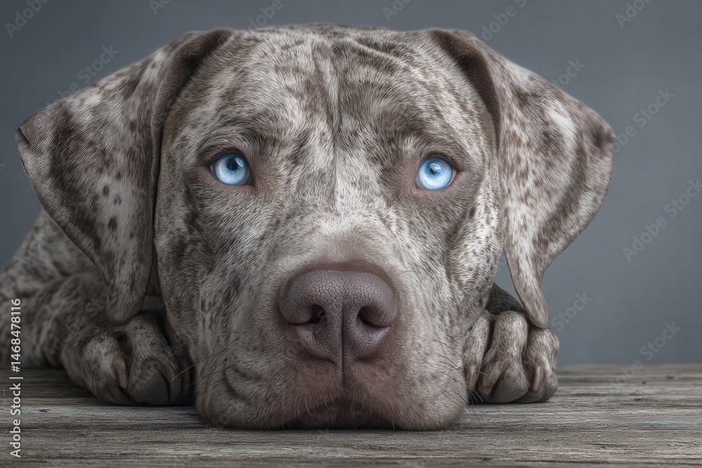 A large, spotted dog with bright blue eyes lies on a wooden surface, gazing directly at the viewer. The background is a soft grey, emphasizing the dogs unique markings and expression.