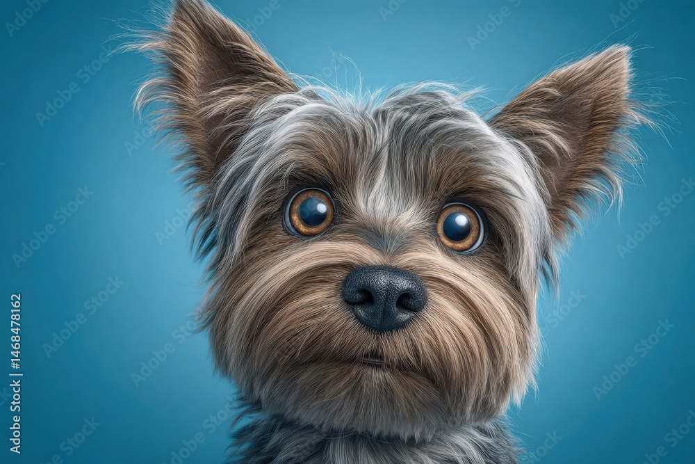 A small, fluffy dog features big, expressive eyes and a soft coat. Its ears stand upright, adding to the charm. The background is a vibrant blue, enhancing the dogs adorable appearance.
