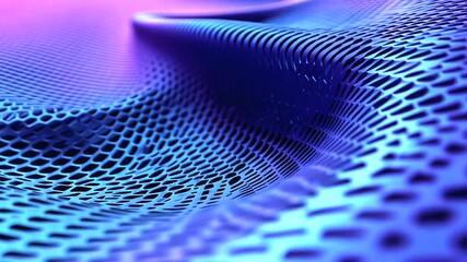 Vibrant blue and pink light illuminates a macro view of an undulating, perforated surface with a repeating geometric pattern and soft focus